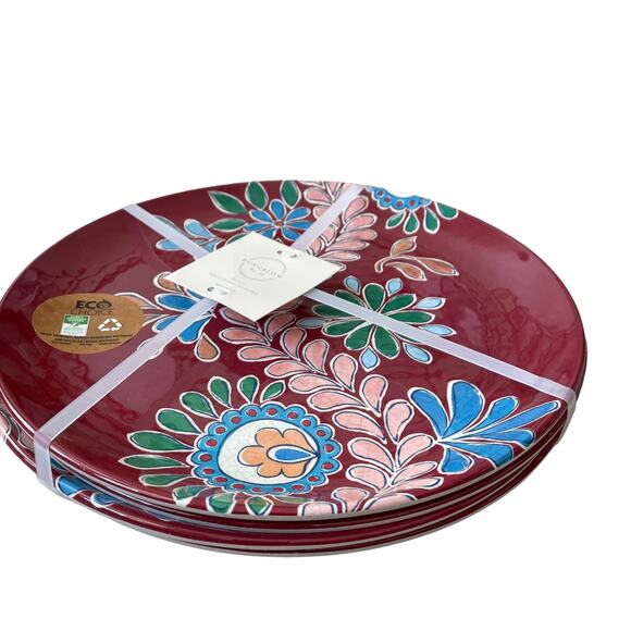 BUNGALOW Set of 4 Melamine 11" Dinner Plates Burgundy Multi Colored Floral NEW - Picture 4 of 10